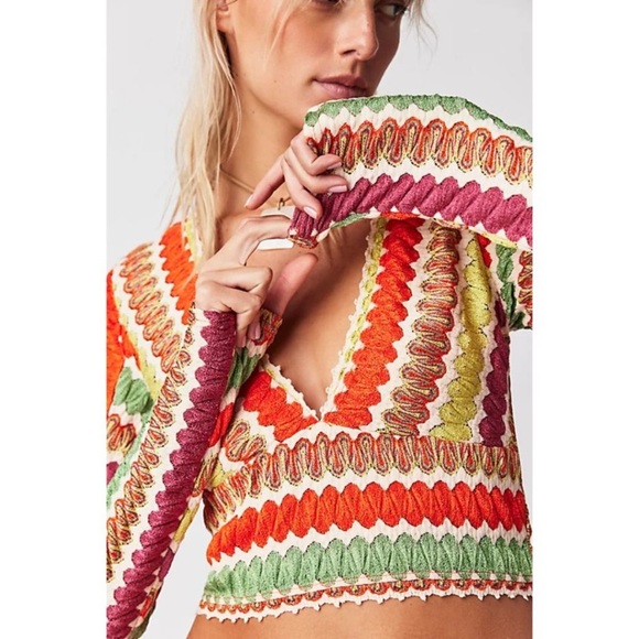 Free People Twist & Shout Long Sleeve Crop Top In Pop Combo NWOT Size XL - Picture 2 of 12